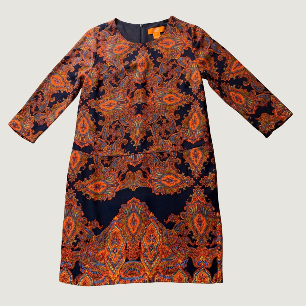 Joe Fresh Paisley Sheath Dress 4 Boho Pockets 3/4 Sleeve Navy Orange